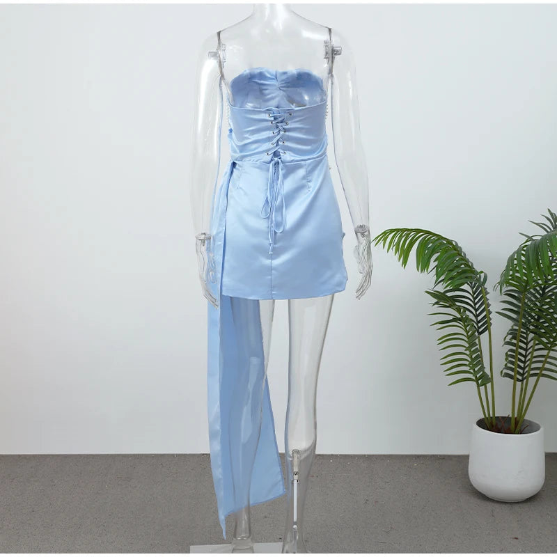 Blue Irregular Shawl Maxi Dress Slim Fit Pleated Turtleneck Elegant Evening