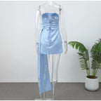 Blue Irregular Shawl Maxi Dress Slim Fit Pleated Turtleneck Elegant Evening