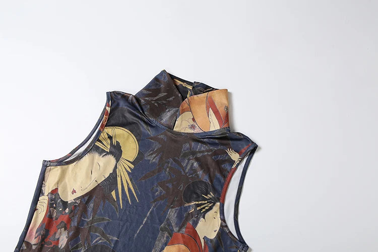 Backless Romper Women Sexy Button Turtleneck Sleeveless Ruched Vintage Cartoon Print Stretch Skinny Club Playsuit
