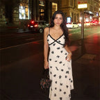 Patchwork Lace Midi Dress With Halter Neck And Backless Silhouette