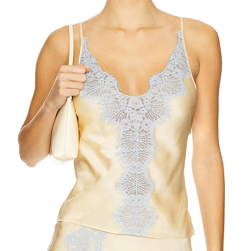 Lace Patchwork Two-piece Set With V-Neck Sling Top And Long Skirt