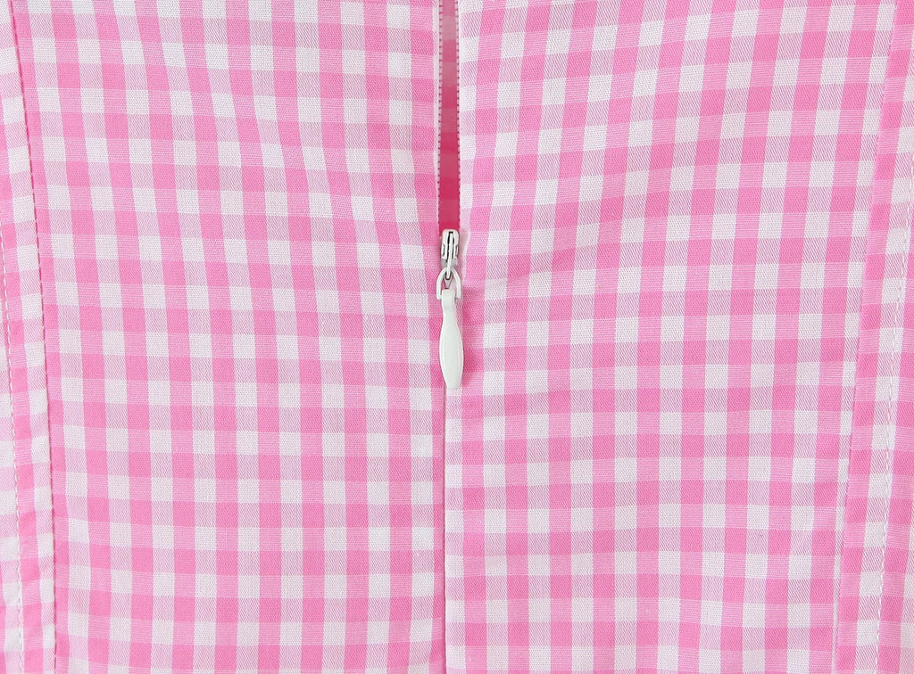 Pink Plaid Bow Sling With Lacing Up Detail For Women Slim Waist Ruched Skater Mini Dress