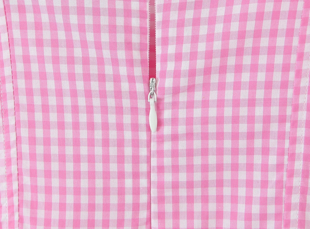 Pink Plaid Bow Sling With Lacing Up Detail For Women Slim Waist Ruched Skater Mini Dress