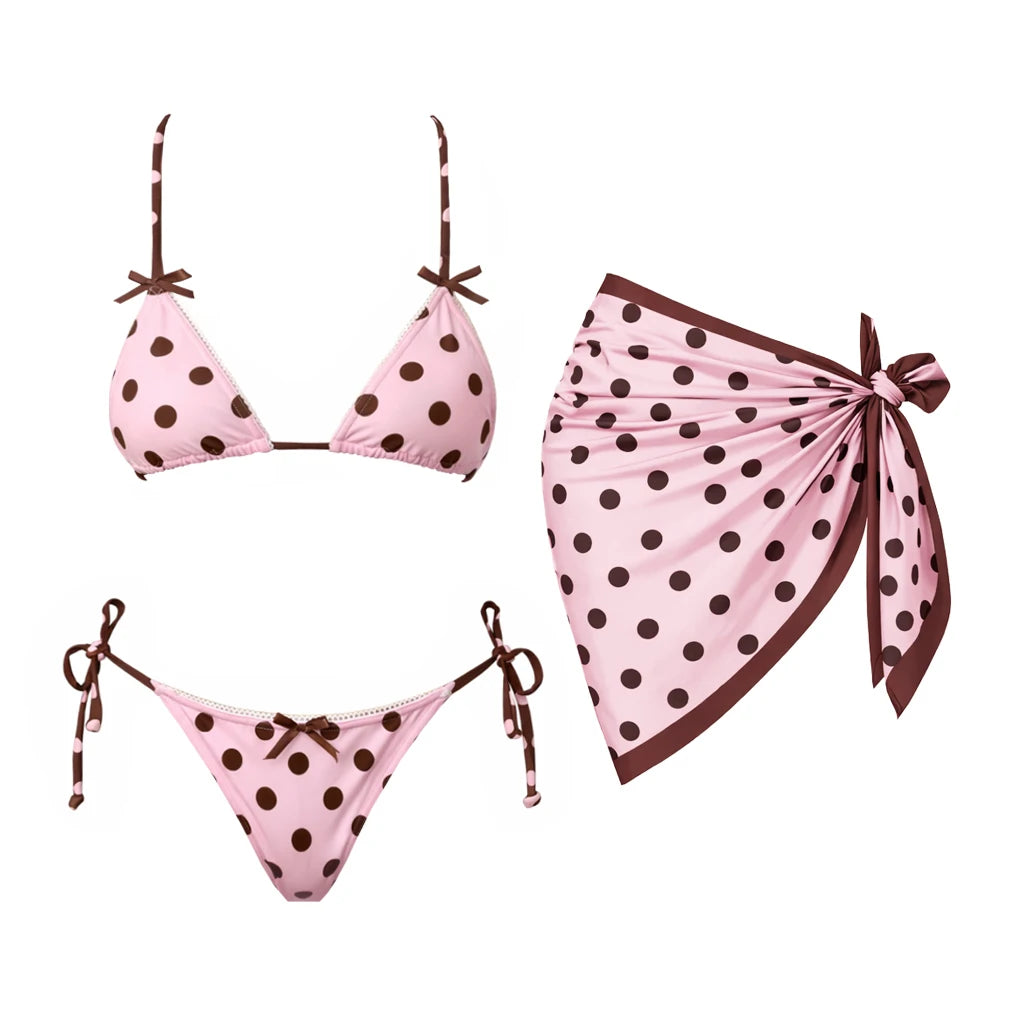 Flirty Pink Dot Push Up Bikini Set With Mesh Skirt Halter Beachwear For Summer Vibe