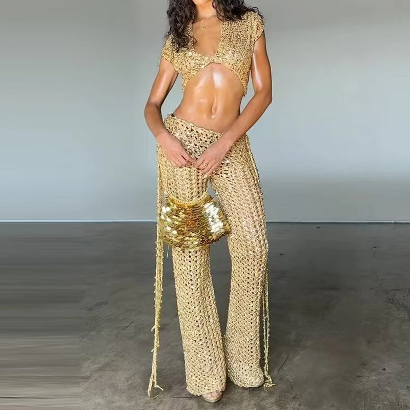 Sequined Set With Tassel Mini Skirt And V Neck Crop Top