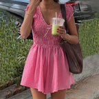 Gingham V Neck Playsuit With Shirred Smocked Detailing