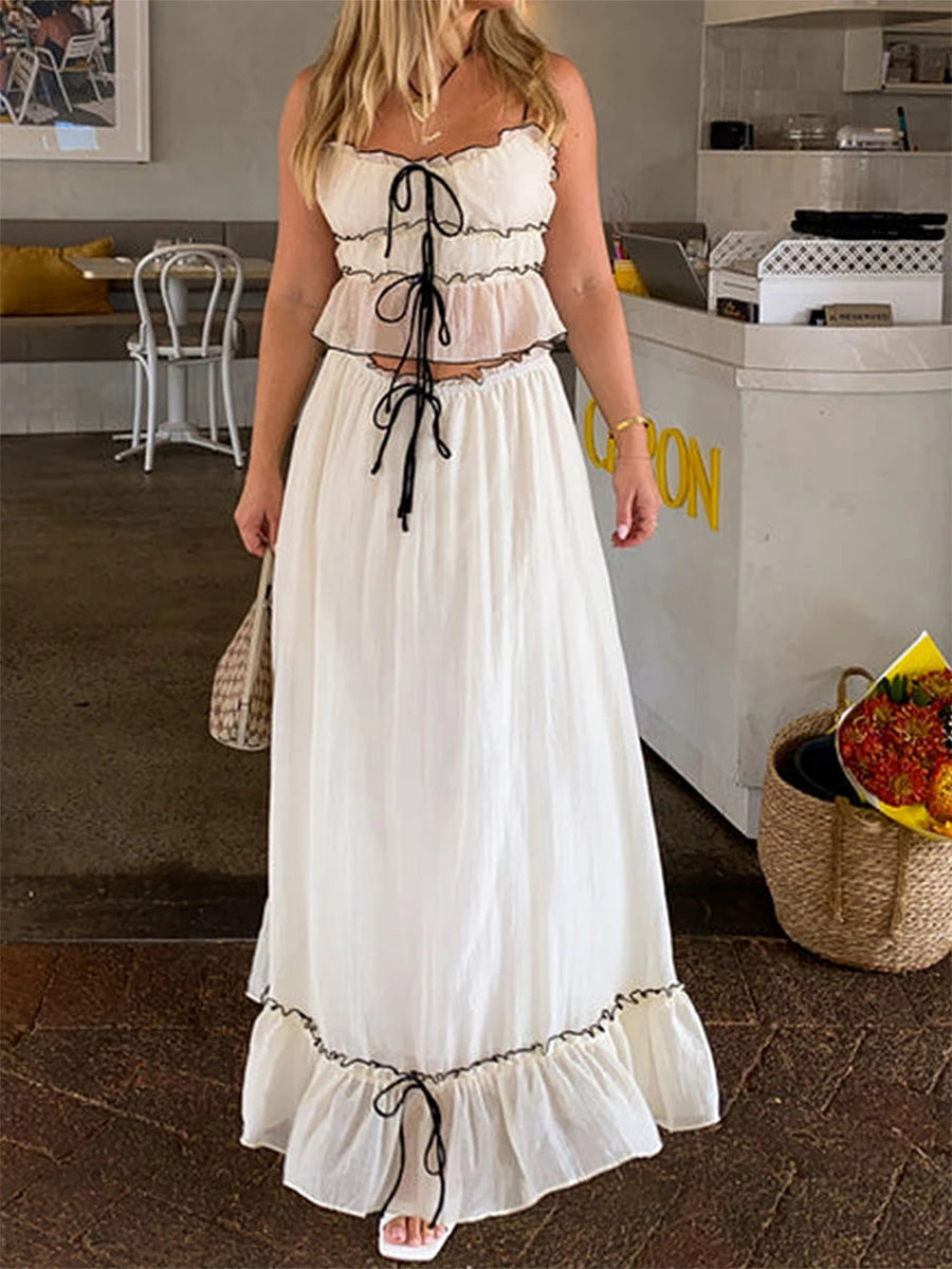 Patchwork Tie Up Camisole Set With Ruched Ruffle Maxi Skirt