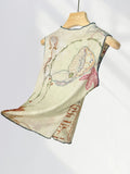 Chic Double Layer Mesh Tee With Elegant Print And High Collar Short Sleeve Women Net Shirt