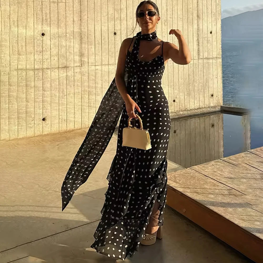 Elegant Polka Dot Halter Sleeveless Maxi Dress With Pleated Skirt And Ribbon Scarf