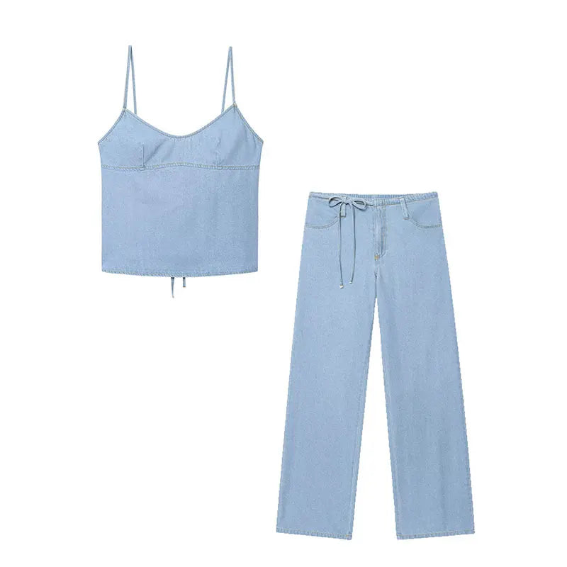 Two-piece Set For Women With Backless Top And Casual Cowboy Pants Ensemble