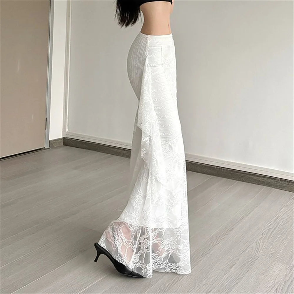 Patchwork Lace Pleated Skirt With High Waist Irregular Hem Cream Ruched Elegance