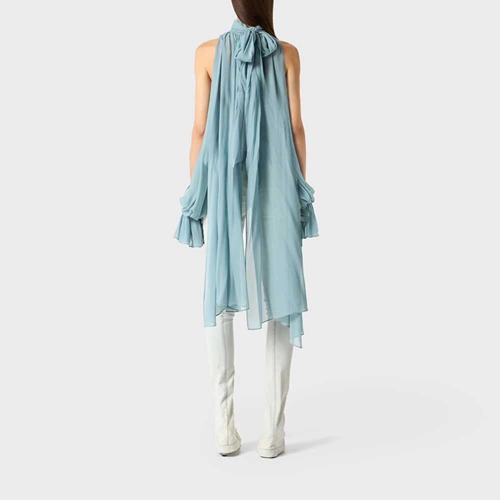 Off Shoulder Chiffon Blouse With Lightweight Fit Asymmetrical Hem And Bow Detail