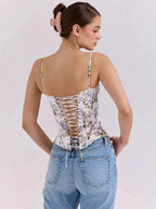 Romantic Floral Corset Top With Lace Trim And Adjustable Straps