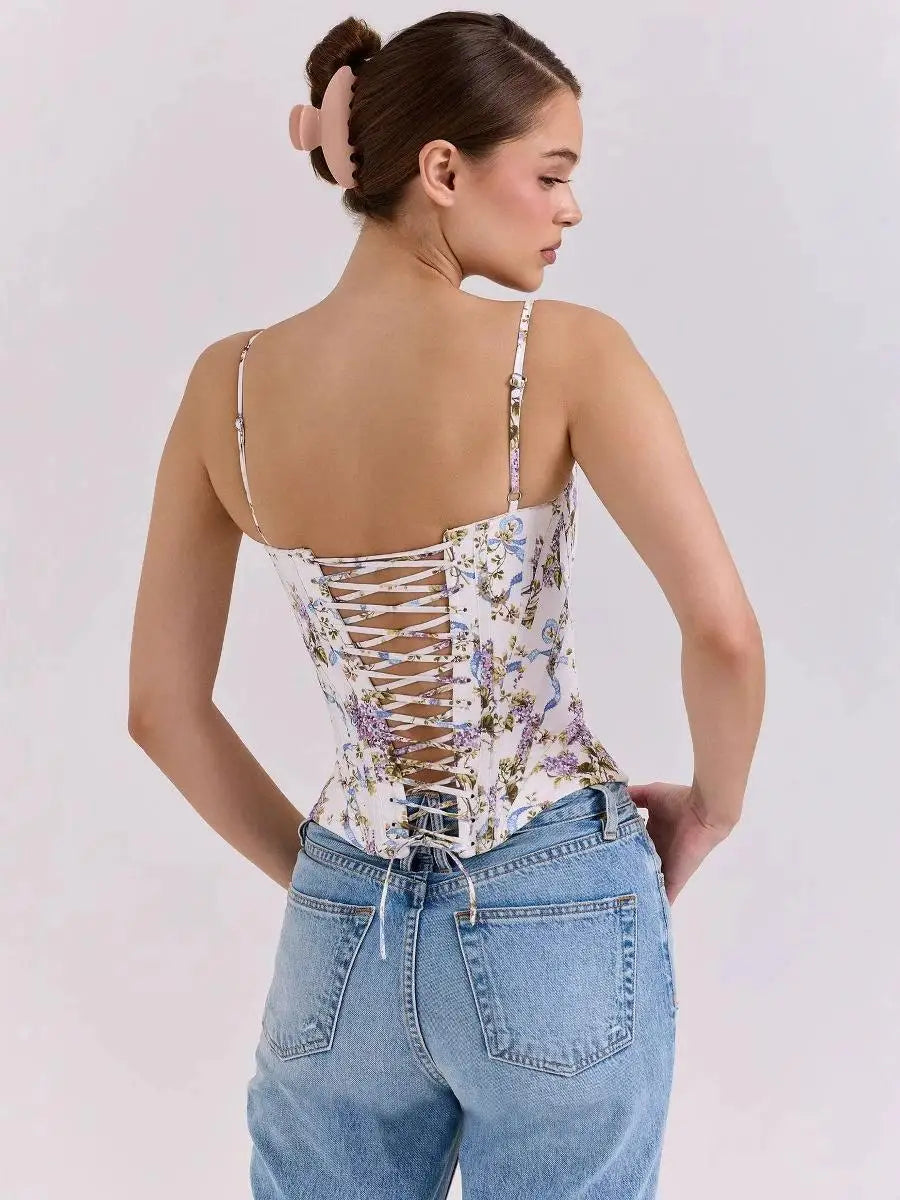 Romantic Floral Corset Top With Lace Trim And Adjustable Straps