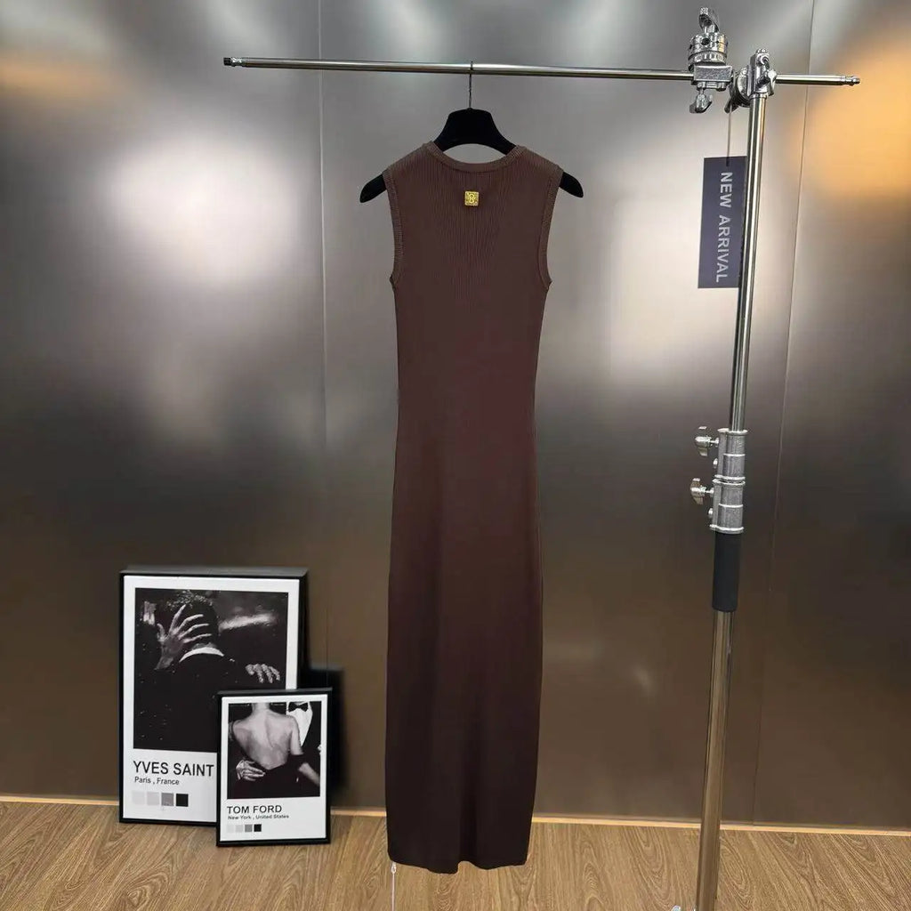 Hollow-Out Knit Vest Dress With Metal Buttons Sleeveless Slit