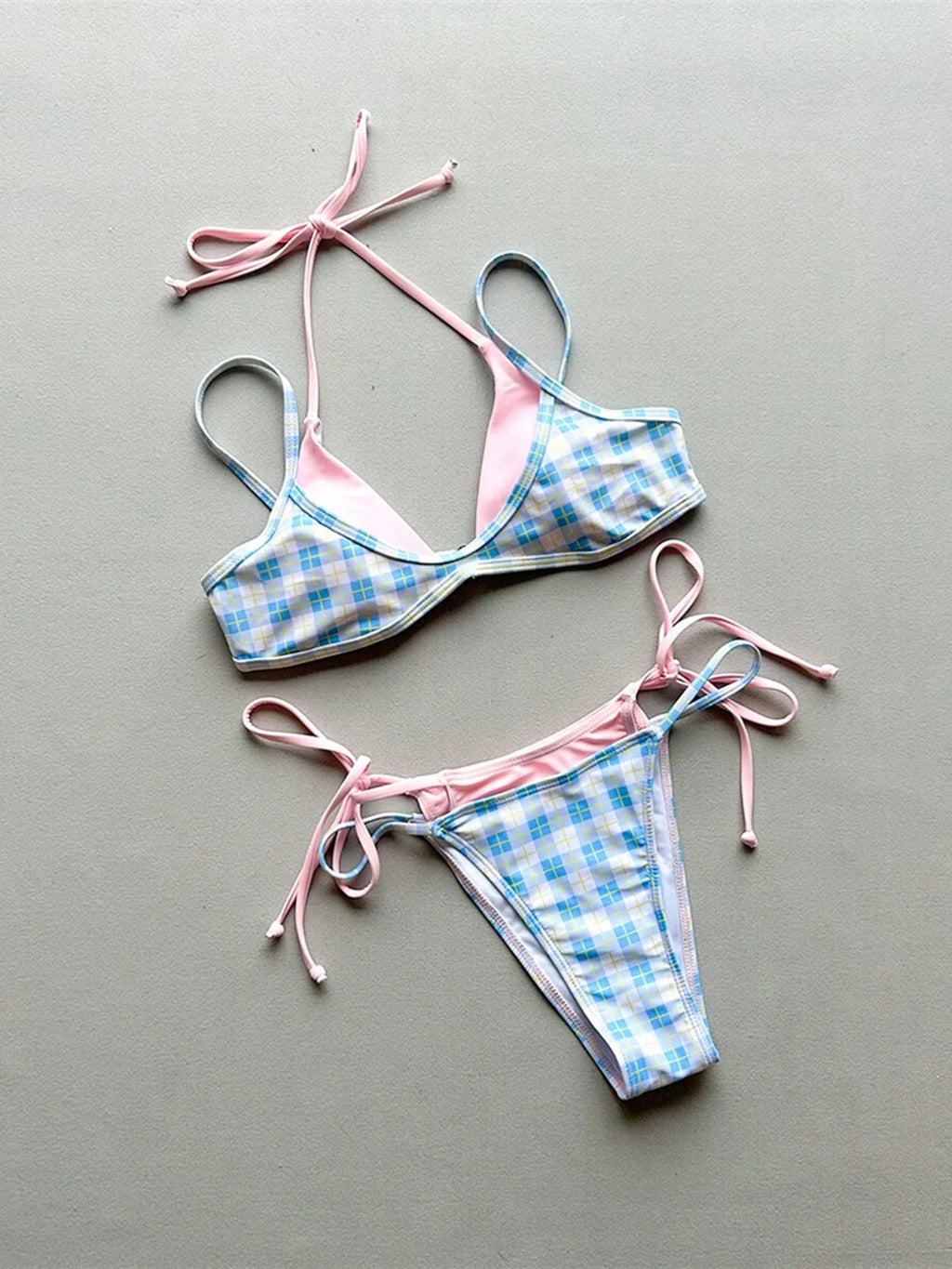 Halter Bikini Set in Plaid and Polka Dots