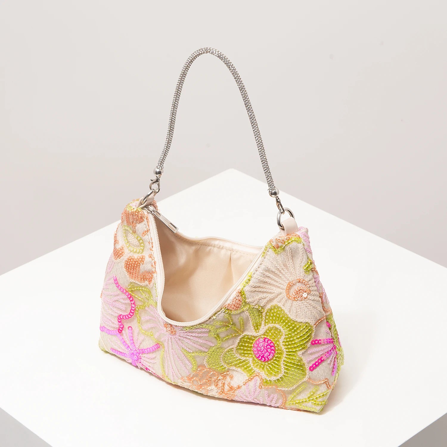 Floral Embroidered Sequin Shoulder Bag For Women Crescent Shape Evening Purse