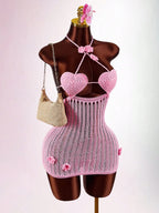 Pink Knitted Set With Sheer Heart Cup Top And Mini Skirt