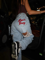 Edgy Vintage Streetwear Denim Jeans With High Waist Ripped Back Panels Embroidered Letter Print Straight Leg