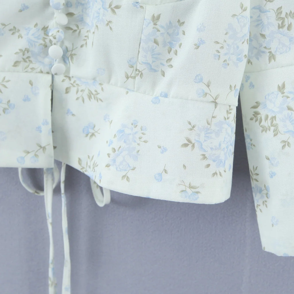 Floral Corset Style Crop Top With Cross Lacing And Ruffle Square Collar Three Quarter Sleeve