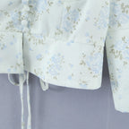 Floral Corset Style Crop Top With Cross Lacing And Ruffle Square Collar Three Quarter Sleeve