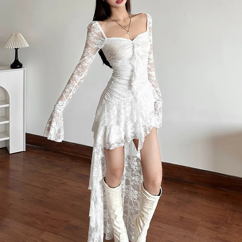 Gothic Fairycore Lace A Line Dress With Flare Sleeves And Square Neck