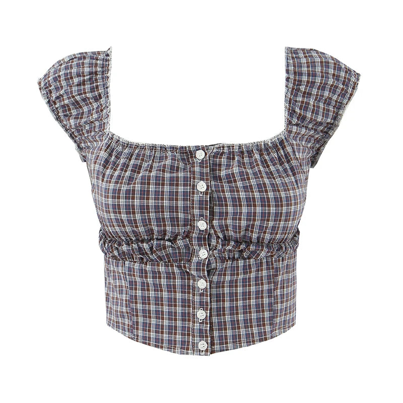Sweet Plaid Chic Single Breasted Cropped Tops French Square Collar Puff Sleeve Blouse
