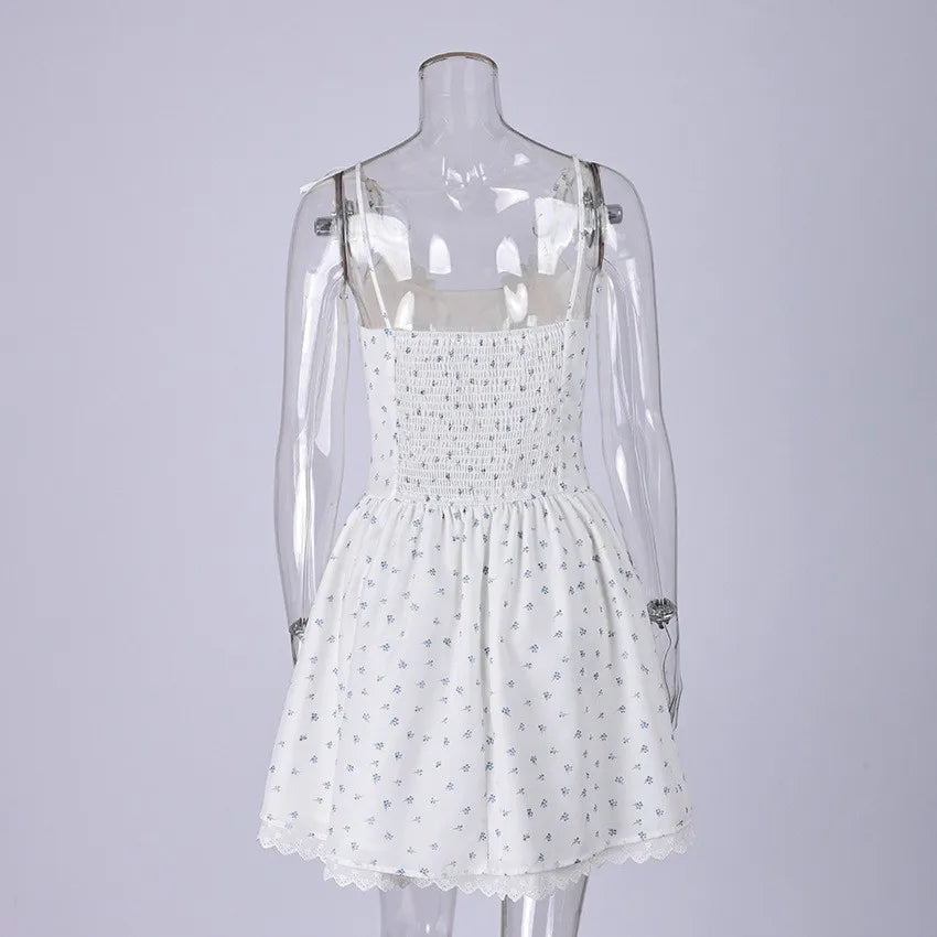 Floral Square Neck Sleeveless Bodycon Pleated Mini Dress