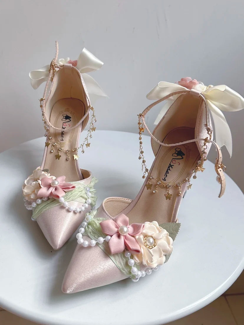 Sweet Lolita Heels With Pointed Toe For Tea Party Wedding Fairy Style High Heel Shoes