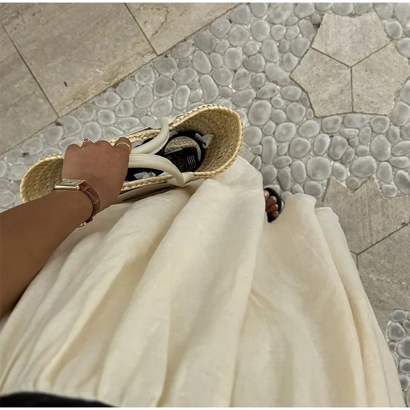 Contrast Splicing Loose Sling Long Women Square Collar Sleeveless Backless High Waist Dress