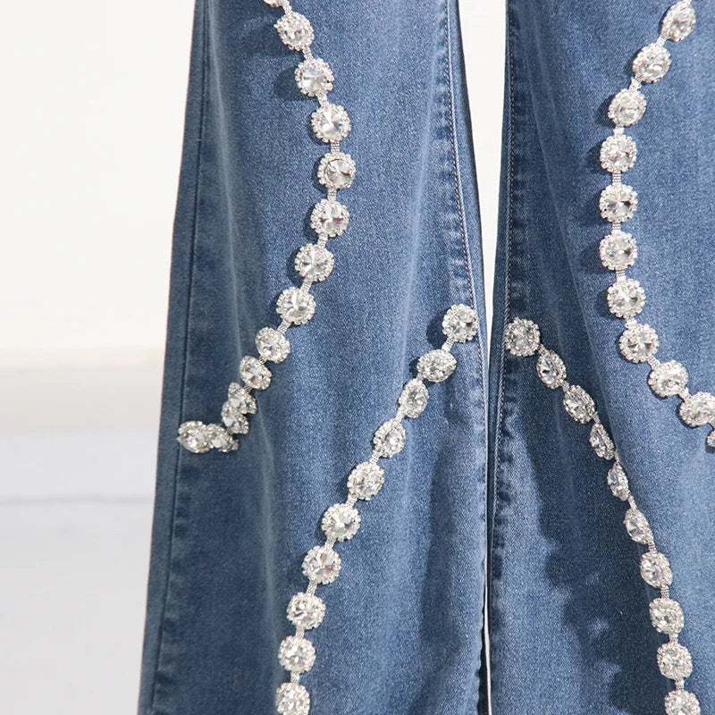 Glimmering Rhinestone Patchwork Denim With Loop Detail For A Chic Straight Leg Silhouette