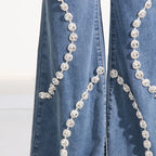 Glimmering Rhinestone Patchwork Denim With Loop Detail For A Chic Straight Leg Silhouette