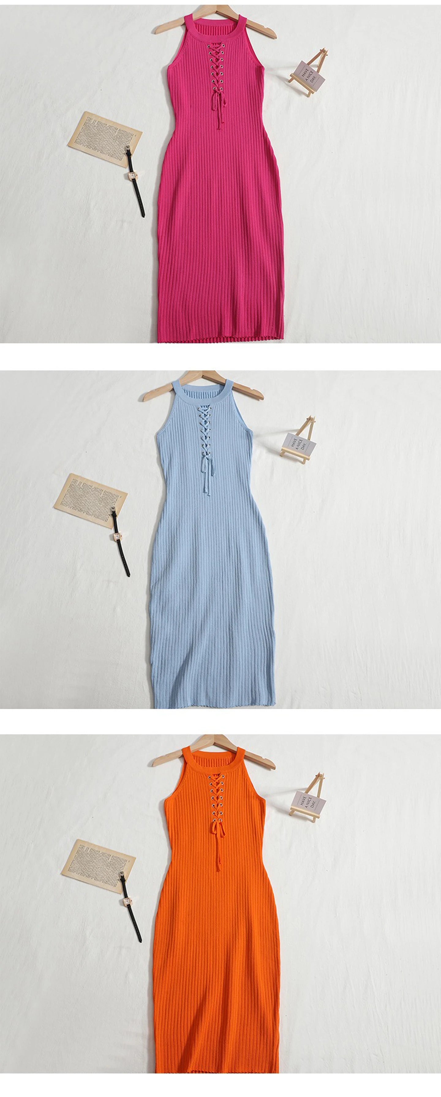 Knit Bandage Mini Dress For Women Sleeveless O-Neck Bodycon