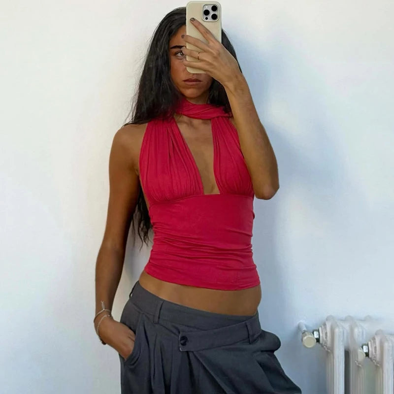 Women Halter Neck Backless Elastic V Neck Crop Top