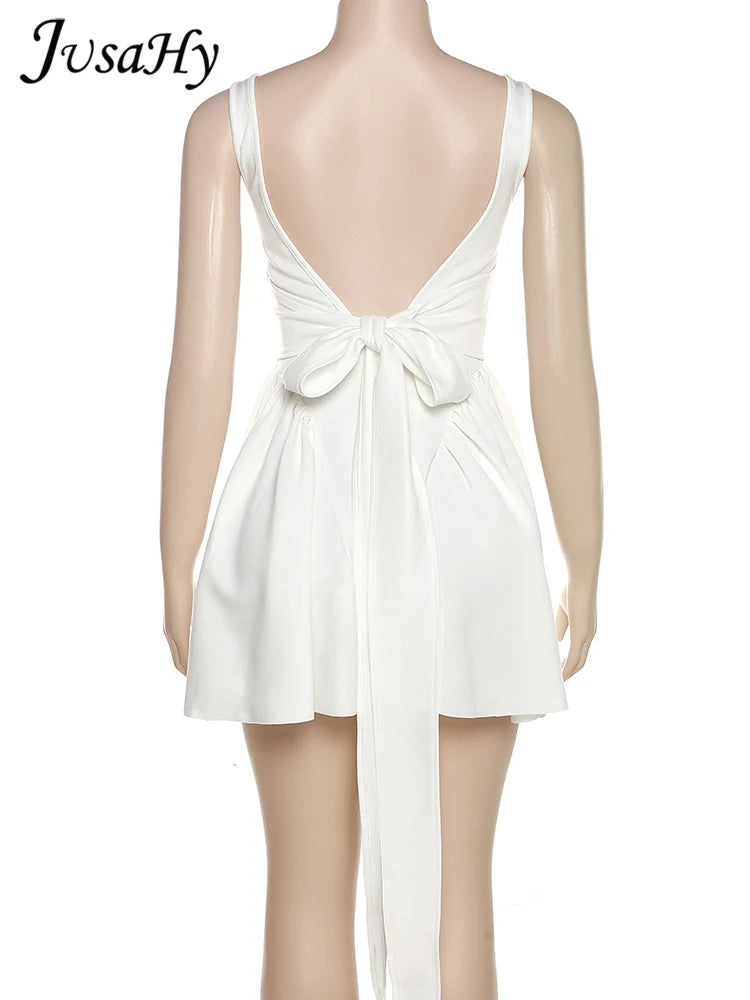 White Backless Halter Bowknot Sweet A Line Mini Dress