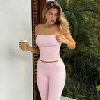 Lace Trim Strapless Crop Top With Slim Capri Pants Two Piece Set
