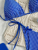 Picnic Plaid Bikini Set in Blue and White Bowknot Halter Top with Tie Up Triangle Bottoms