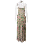 Elegant Floral Spaghetti Strap Maxi Dress With Backless High Split Ruched Silhouette