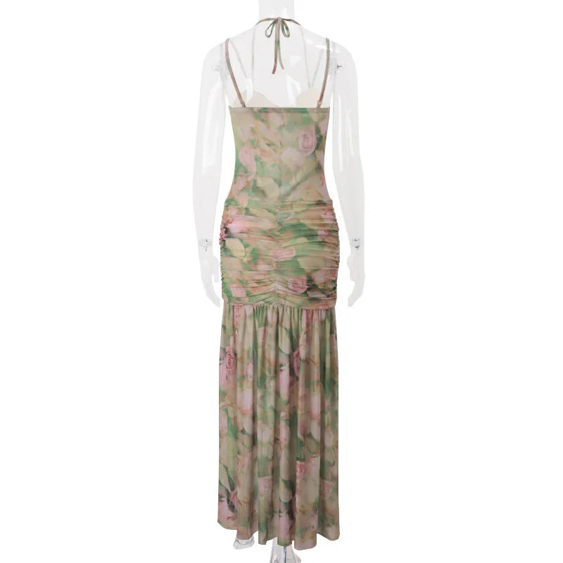 Elegant Floral Spaghetti Strap Maxi Dress With Backless High Split Ruched Silhouette