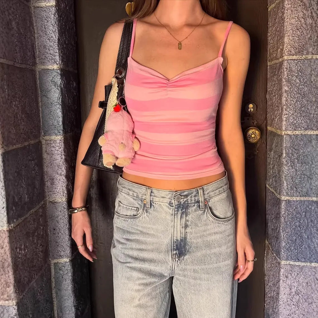Retro Striped Vest Camisole Top With Color Block Detail