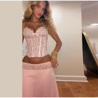 Delicate Lace Corset Cami And Midi Skirt Set Slim Fit Sleeveless Romantic Outfit