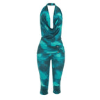 Retro Tie-Dye Two Piece Set Halter Crop Top Backless Ruched Skinny Capri Pants