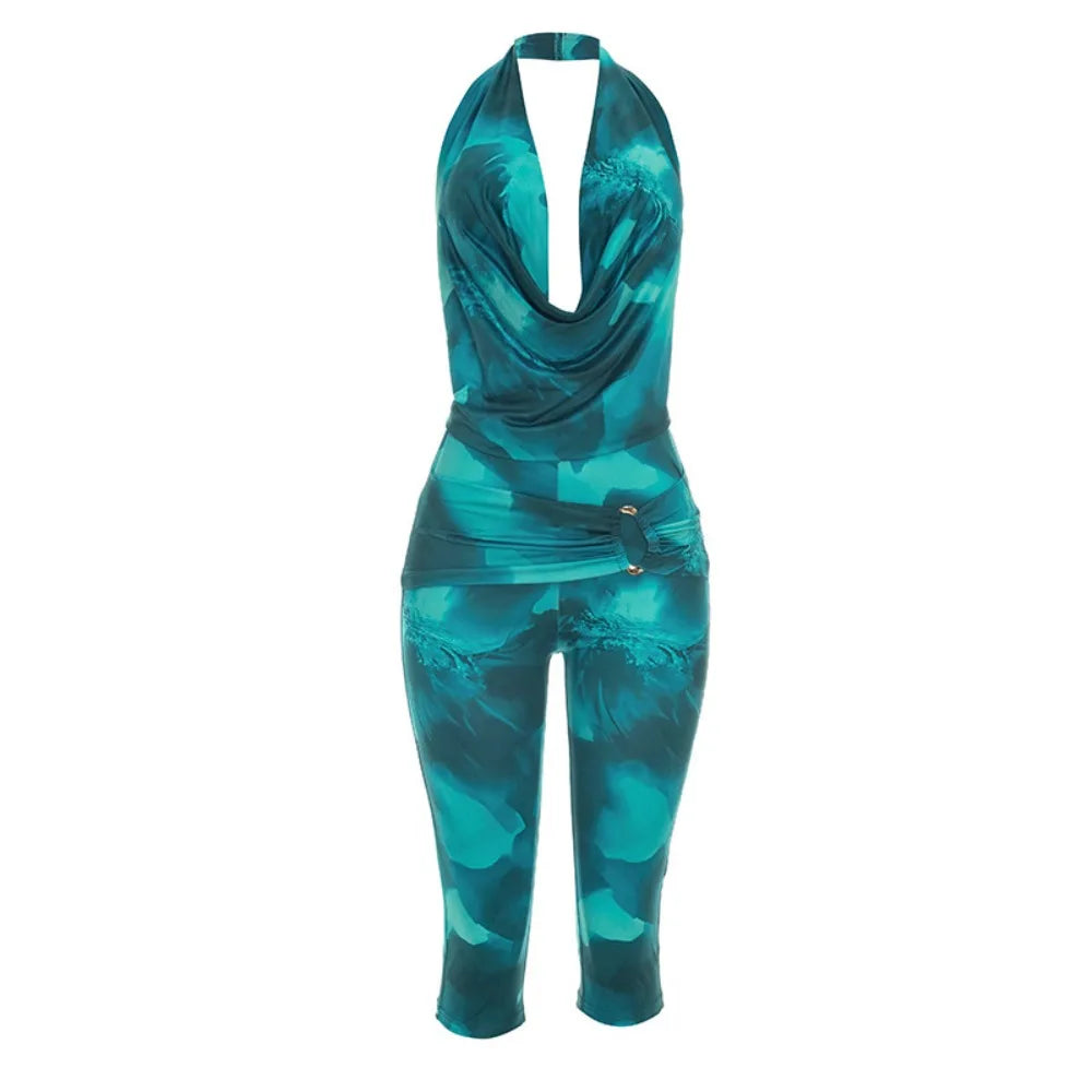 Retro Tie-Dye Two Piece Set Halter Crop Top Backless Ruched Skinny Capri Pants