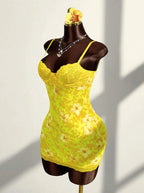 Lace Mini Dress With Spaghetti Straps High Waist Backless Retro Print