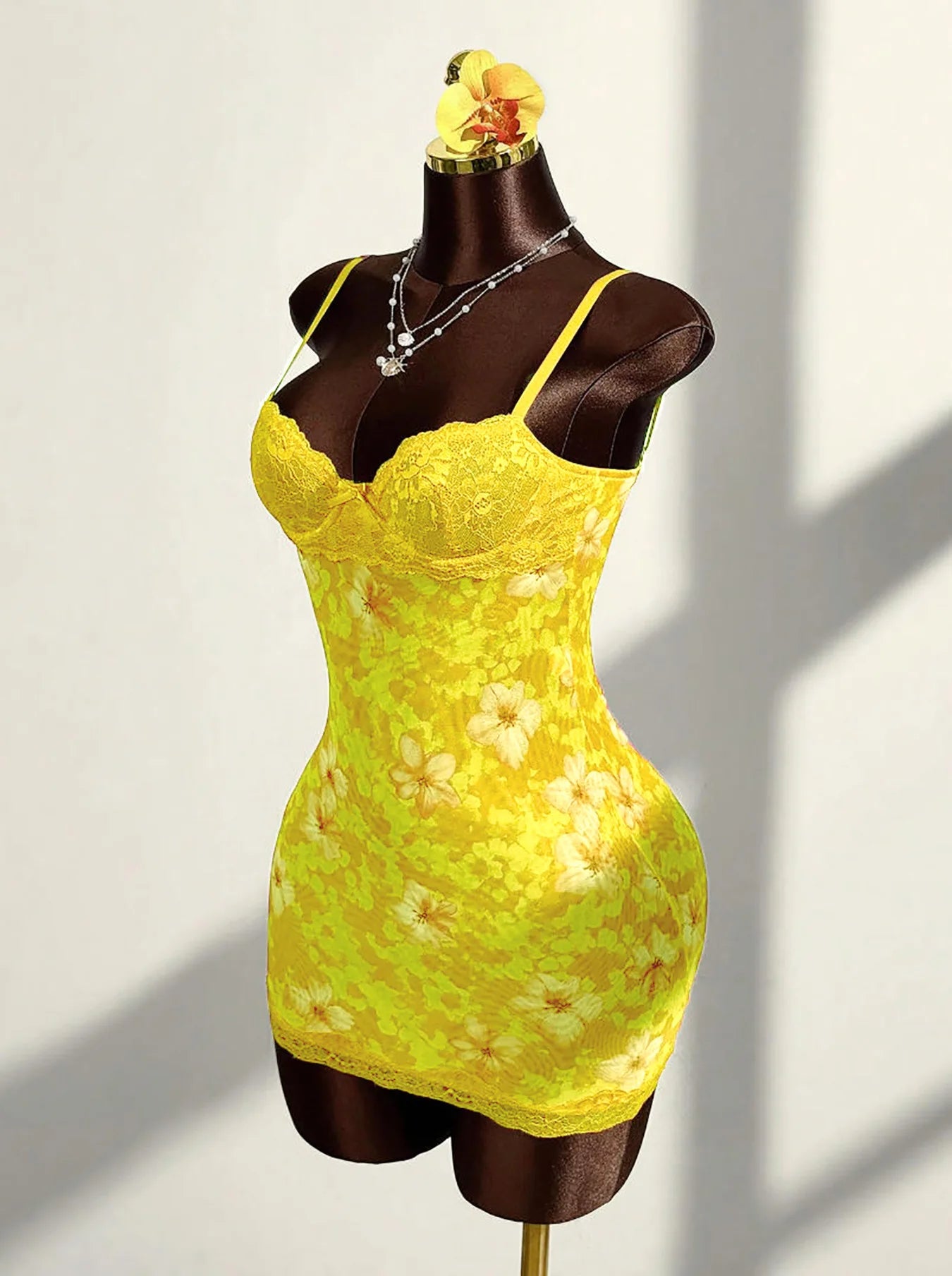 Lace Mini Dress With Spaghetti Straps High Waist Backless Retro Print