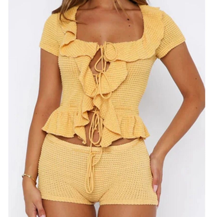 Women Hollow Shorts Outfits Solid Color Ruffles Tie-Up Front Short Sleeve Crochet Tops Shorts 2 Pieces  Set