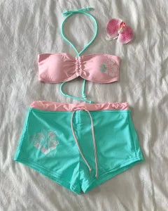 Tropical Floral Swimsuit Set With Neck Tube Top And Drawstring Shorts For Beach Leisure
