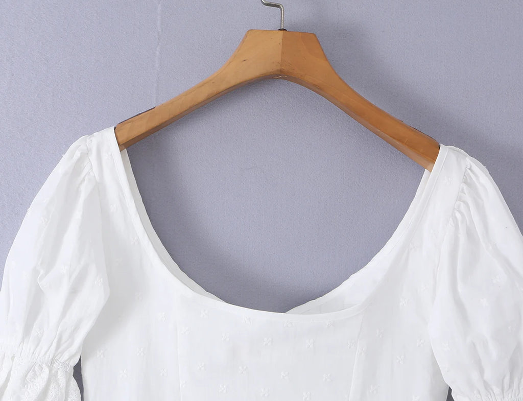 Sweet White Embroidered Floral Crop Shirt With V Neck Puff Sleeves And Ruffle Hem Slim Fit