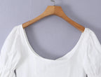 Sweet White Embroidered Floral Crop Shirt With V Neck Puff Sleeves And Ruffle Hem Slim Fit