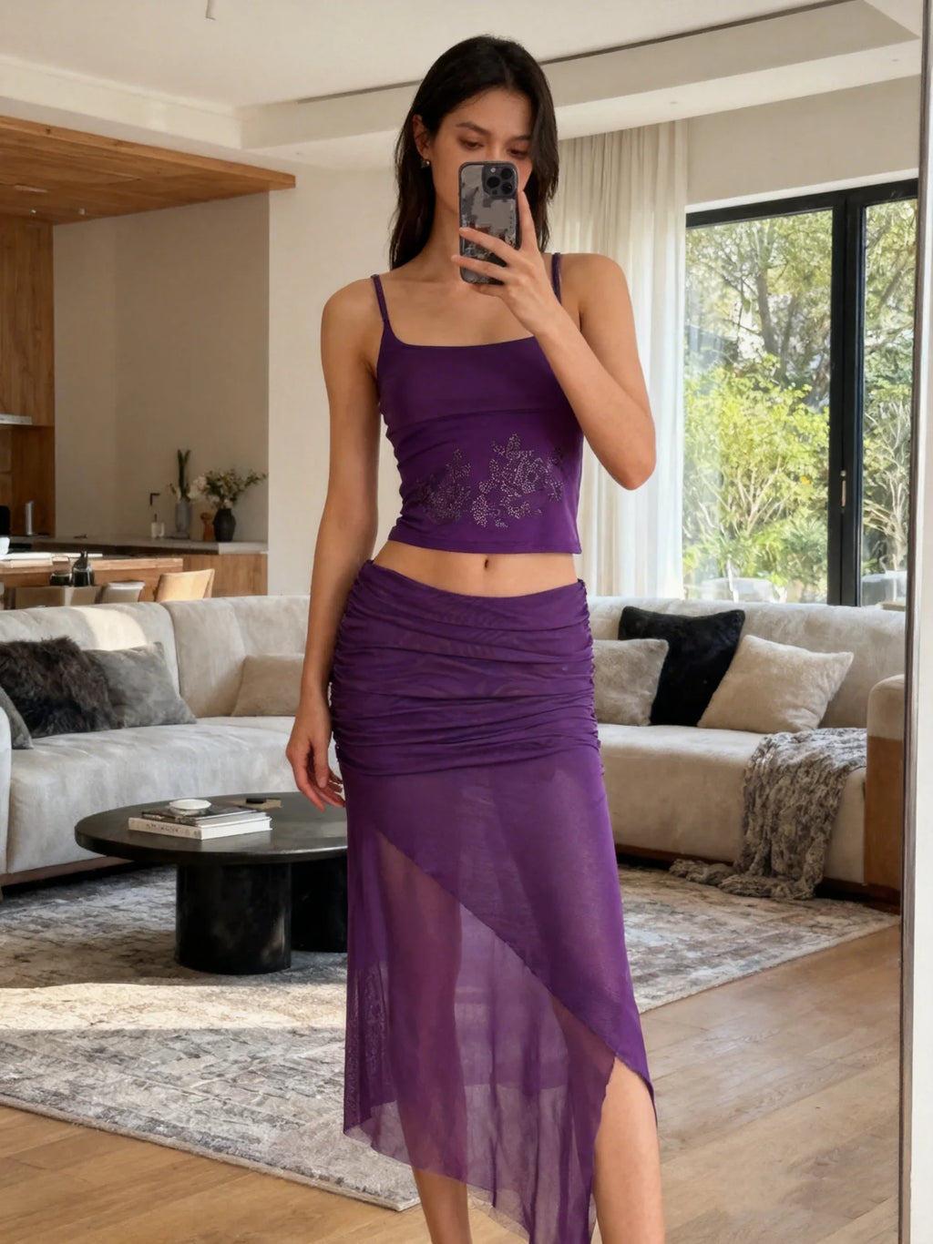Gleaming Floral Sequin Crop Top And Slit Maxi Skirt Set